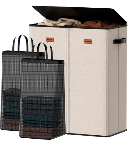 Panier à Linge Avec Couvercle 135L Extra Large 2 Compartiments - Gris Foncé, Sacs Amovibles