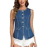 Ladyful Womens Denim Vest Top Button Down Jean Vest Tank Tops Sleeveless Crewneck Jean Waistcoat with Pockets