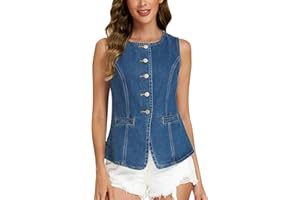 Ladyful Womens Denim Vest Top Button Down Jean Vest Tank Tops Sleeveless Crewneck Jean Waistcoat with Pockets