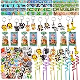 110PCS Safari Party Favors Jungle Party Favors Goodie Bags Stuffers for Camping Party Include Slap Bracelet,DIY Safari Stickers ,Woodland Keychains,Forest Animals Pencil Caps and Party Straws