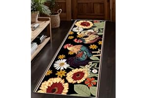 Rooster Runner for Hallway, 2x6ft Floral Plant Leaf Long Runner Rug, Vintage Daisy Sunflower Decorative Carpet, Soft Non-Slip