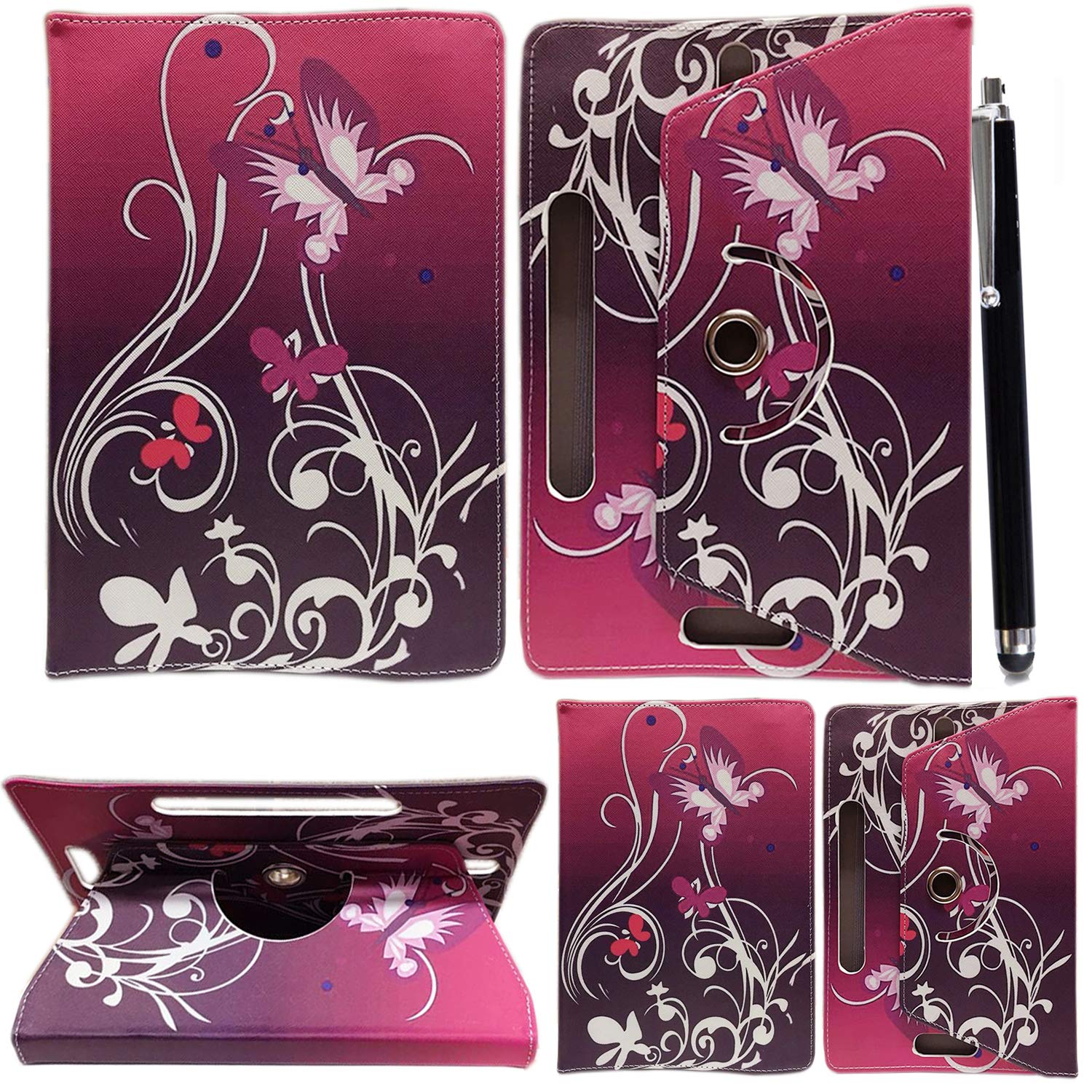 10inch Tablet Case Cover - Universal Leather Stand Case Folio Cover Magic Leather 360° Rotating Case Fits to ALL 10" & 10.1" Inch Tablets + Stylus Pen (BUTTERFLY PURPLE)