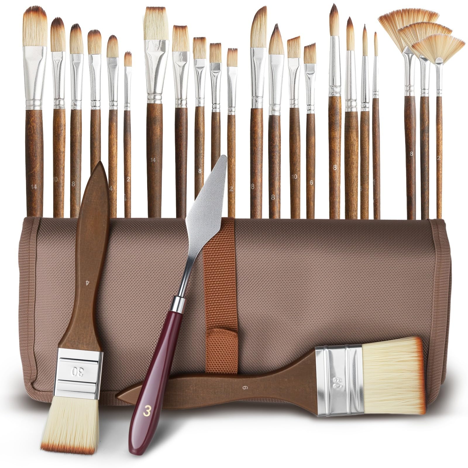 Photo 1 of 25 Pcs Paint Brush Set for Acrylic Painting,Oil Paint Brushes Soft Elastic Bristles with Excellent Paint Pickup, 2 Flat Brushes, 1 Palette Knife + Fabric Storage Bag