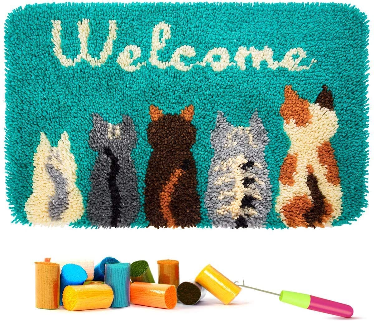 Latch Hook Kit for Adults & Kids Cats Welcome Pattern 62x40CM, Complete DIY Rug Making Craft Kits with Yarn & Canvas and Crochet Needle, Adult Craft Kits for Women, Relaxing Home Art Project