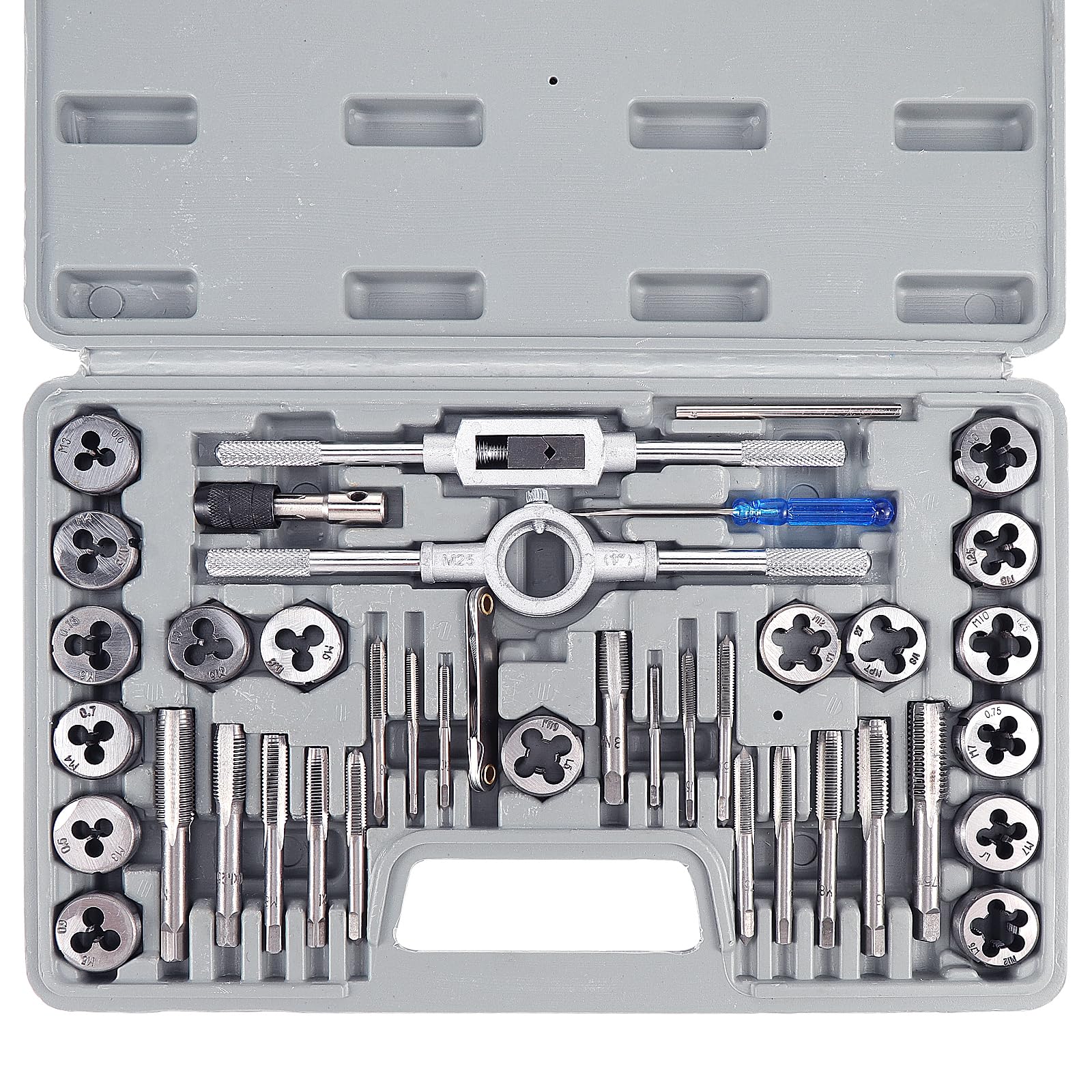 Gueenky 40 Pieces Tap and Die Set, M3-M12 Metric Tapping and Threading Tool Bearing Steel Tap and Die Set with Ratchet Tap Wrench Screw Thread Gauge for Cutting External Internal Thread