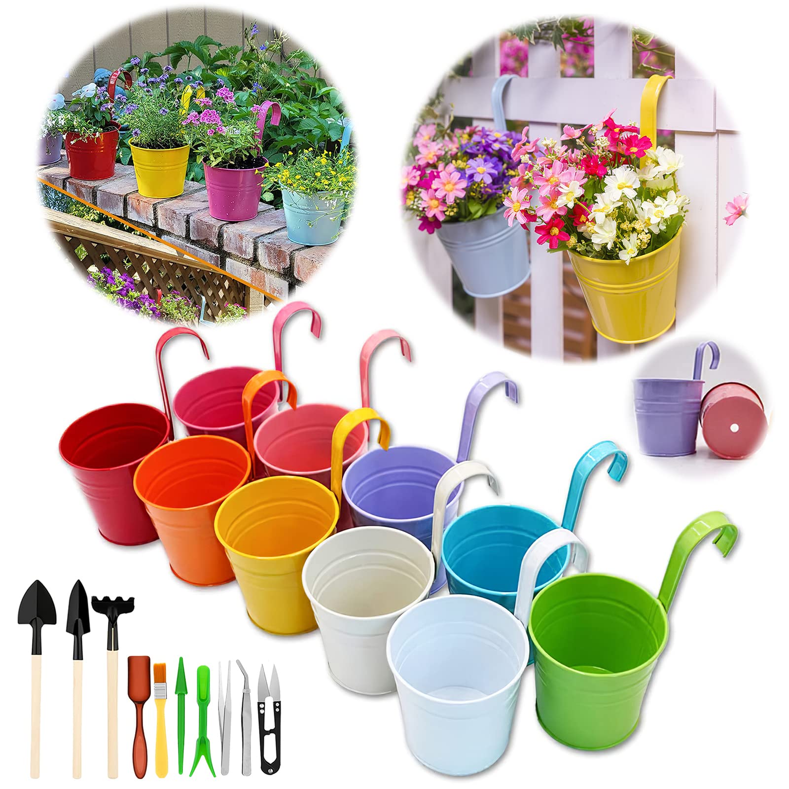 GIOVARA Hanging Plant Pots Large Metal Flower Pots, Colourful Fence Plant Pots Hanging Planter Bucket Set with Drainage Hole, Detachable Hook, Balcony Planters Garden Outdoor Decor