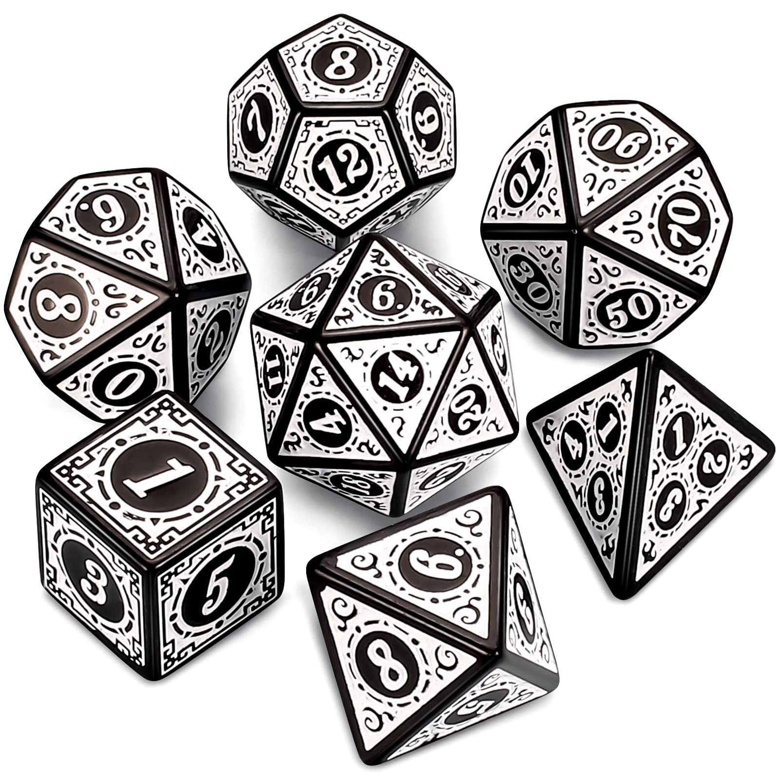 QMAY DND Dice Polyhedral Dice Set - 7 Pieces for Dungeon and Dragons MTG RPG D&D D20, D12, D10, D%, D8, D6, D4 (White Engraving) — image 1