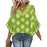LUYYA Women's 3/4 Sleeve Tops Pleated V Neck Blouse Business Casual Tunic Top Loose Fit Work Shirts 2026