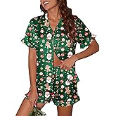 Ekouaer Satin Pajama Set for Women Button Down Silk 2 Piece Pj Sets Ruffle Short Sleeve Sleepwear