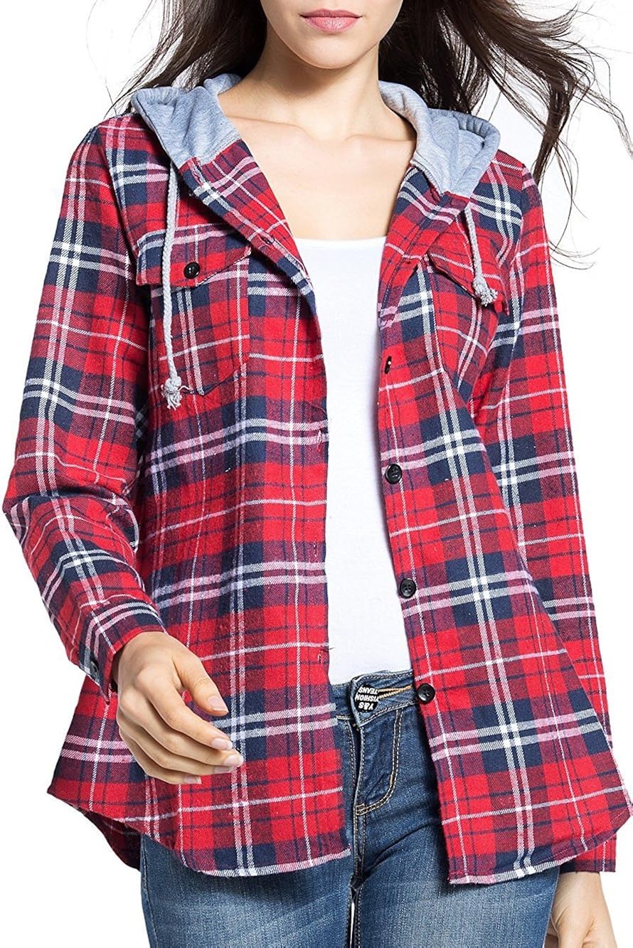 BomDeals Women's Classic Plaid Cotton Hoodie Button-up Flannel Shirts at  Women’s Clothing store