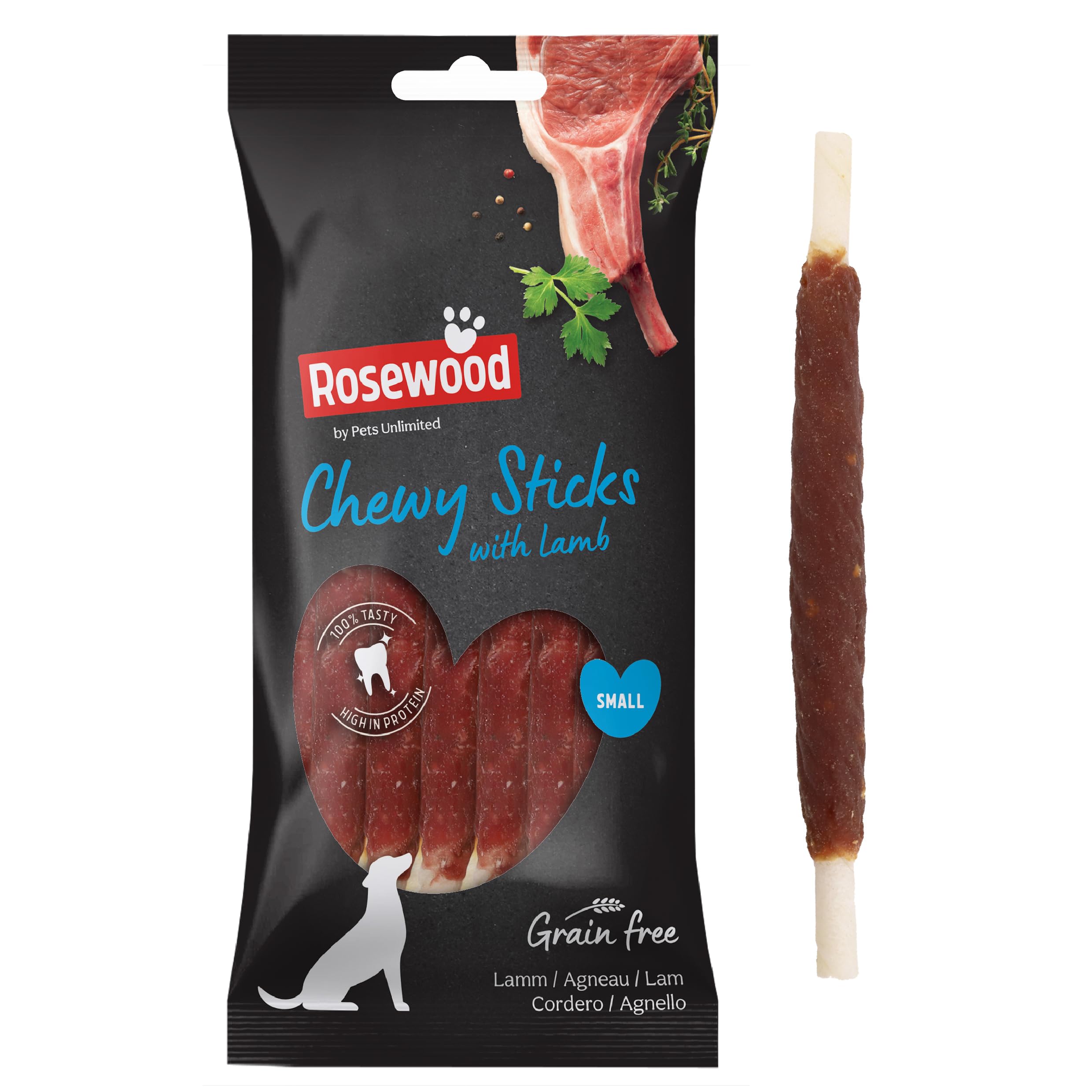 Rosewood Small Chewy Sticks for Dogs - Made with Lamb, Grain Free Chews, High Protein Dog Treats, By Pets Unlimited (8pc, 72g)