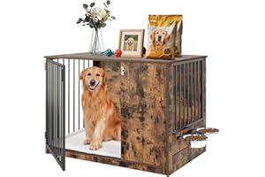TBWIND Dog Crate Furniture with Cushion for Large Dogs, 36" Indoor Wooden Dog Kennel with 270° Swivel Door, 360° Rotating Feeder, Decorative Heavy Duty Dog House with Double Locks & Bowls, Rustic Brown