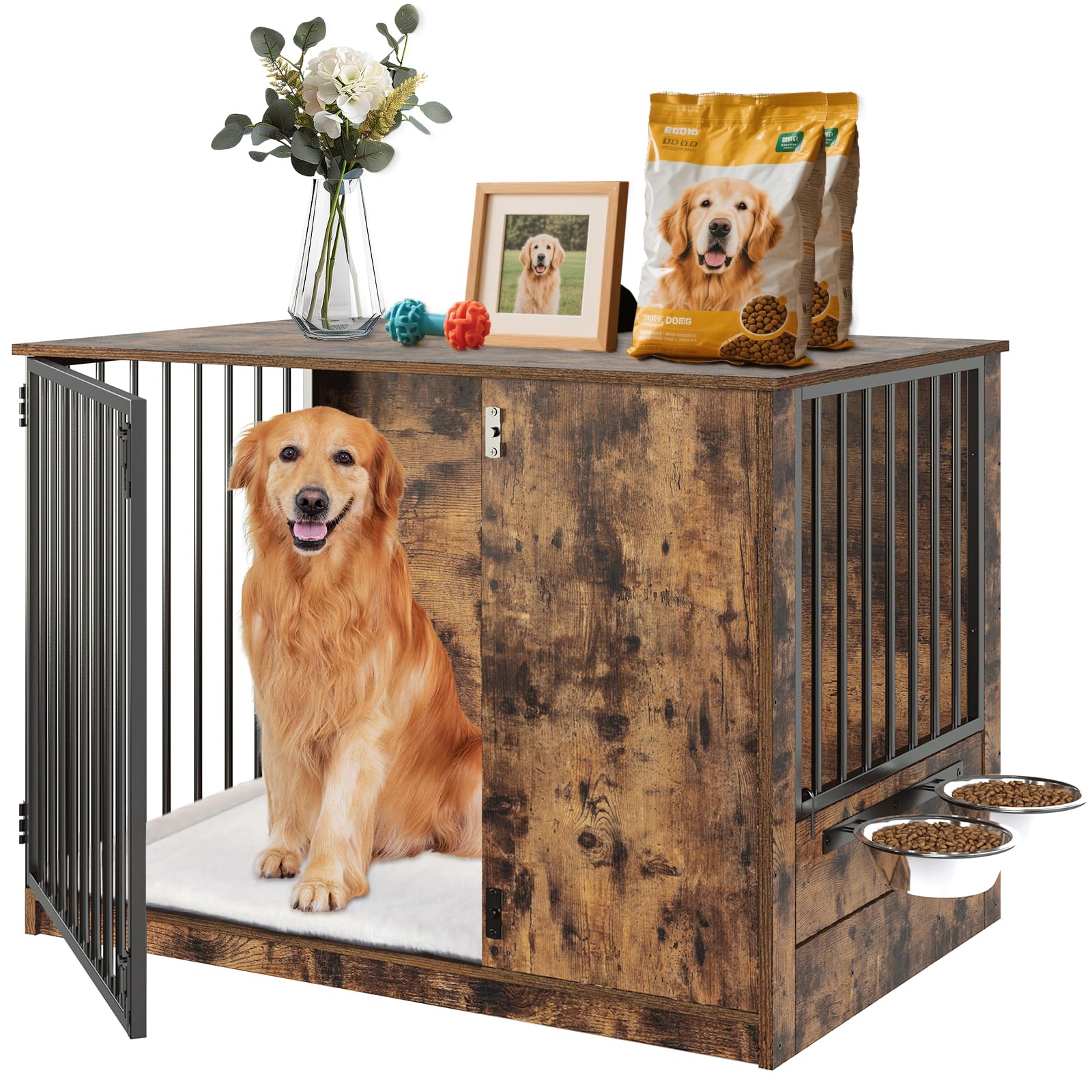 Photo 1 of Dog Crate Furniture with Cushion for Large Dogs, 36" Indoor Wooden Dog Kennel with 270° Swivel Door, 360° Rotating Feeder, Decorative Heavy Duty Dog House with Double Locks & Bowls, Rustic Brown