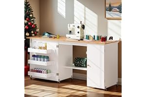 DWVO Folding Sewing Table w/Charging Station, Sewing Table with Storage, Multi-Craft Desk with Lockable Casters, Magnetic Doors, Hidden Storage