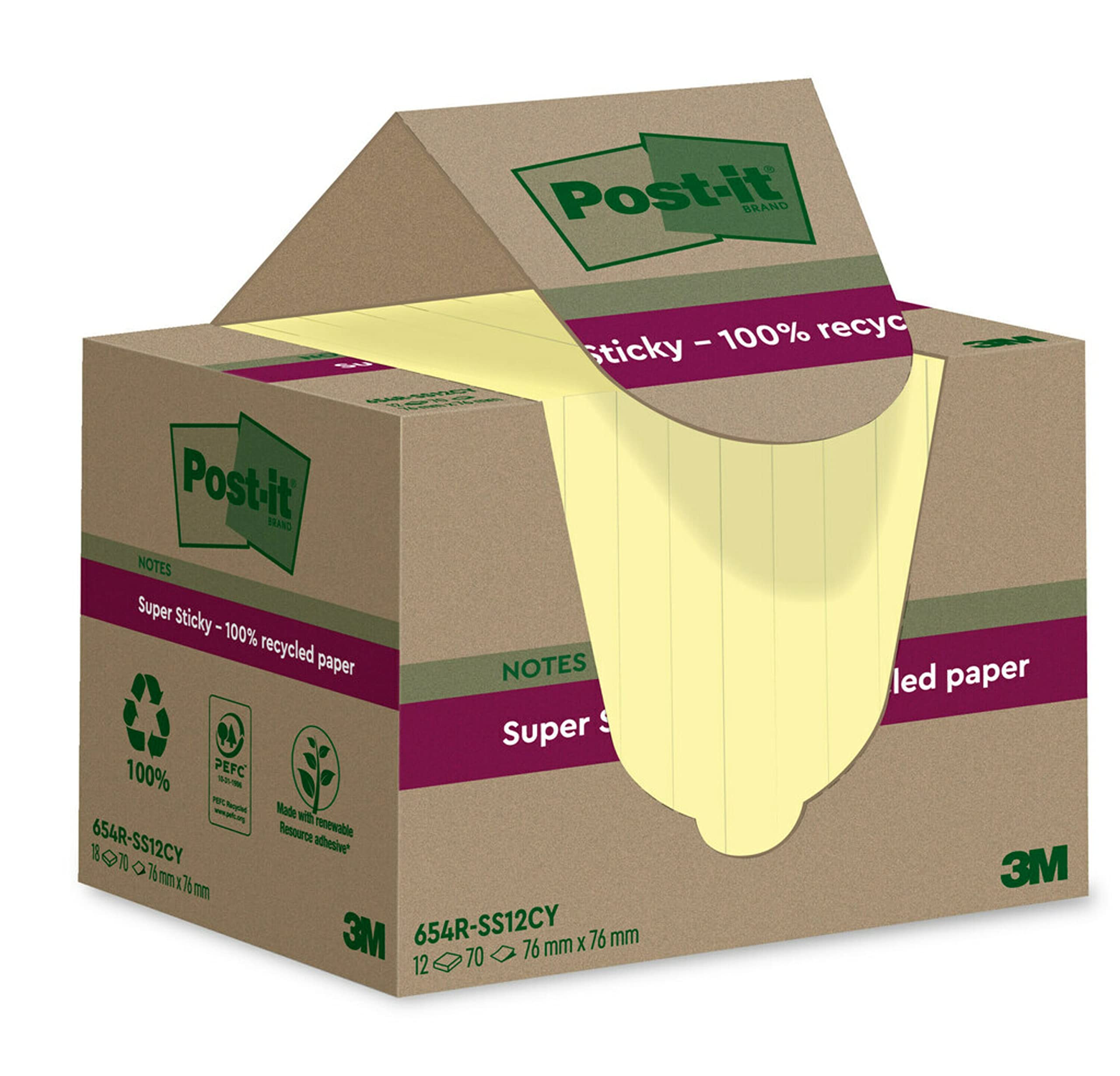 Post-it Super Sticky 100% Recycled Notes, Pack of 12 Pads, 70 Sheets per Pad, 76 mm x 76 mm, Canary Yellow - Extra Sticky Notes Made from 100% Recycled Paper