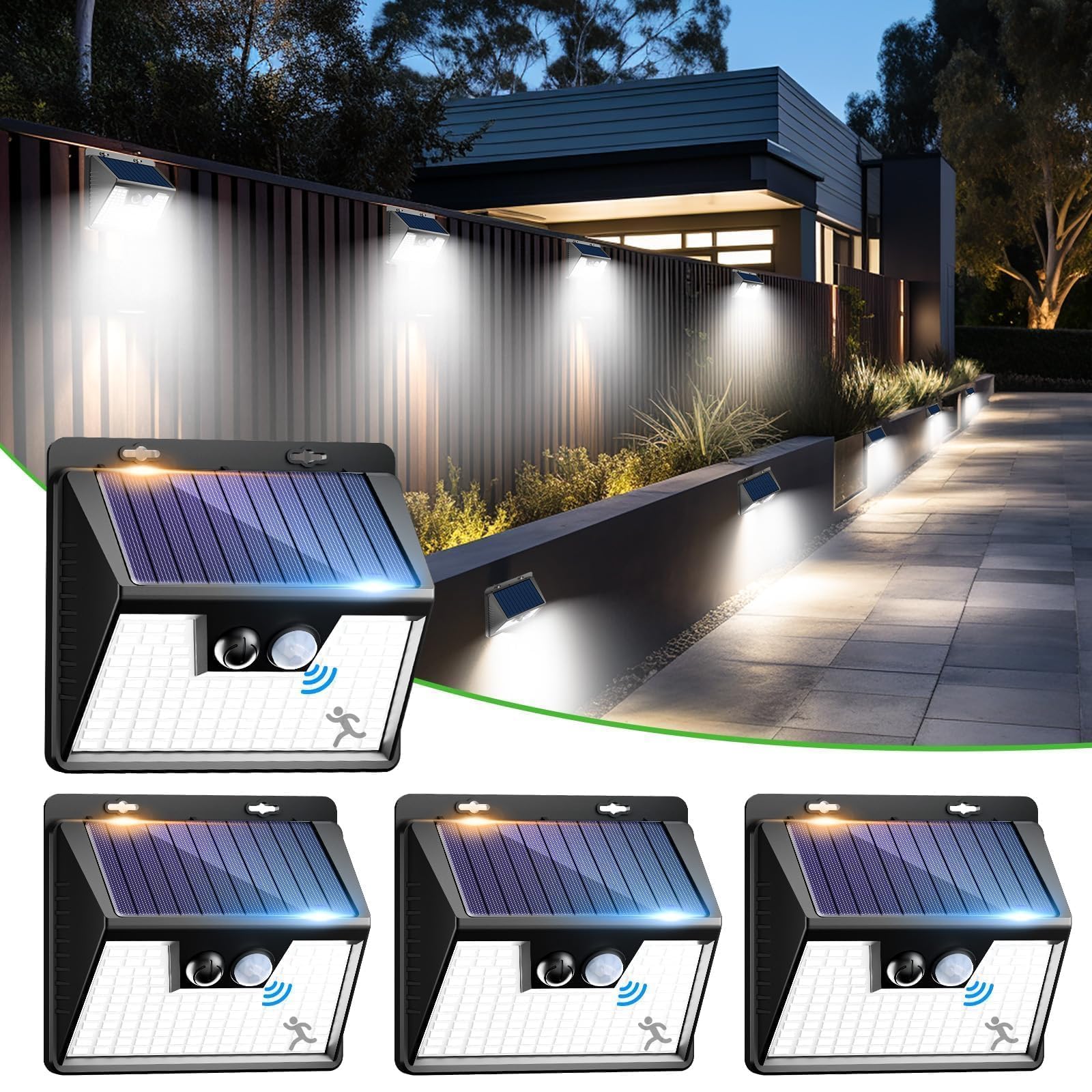 nipify Solar Lights Outdoor Motion Sensor, 4 Pack 140LED 3 Modes IP65 Waterproof Durable Solar Powered Wall Lights for Outside Garden Fence Yard Garage — image 1