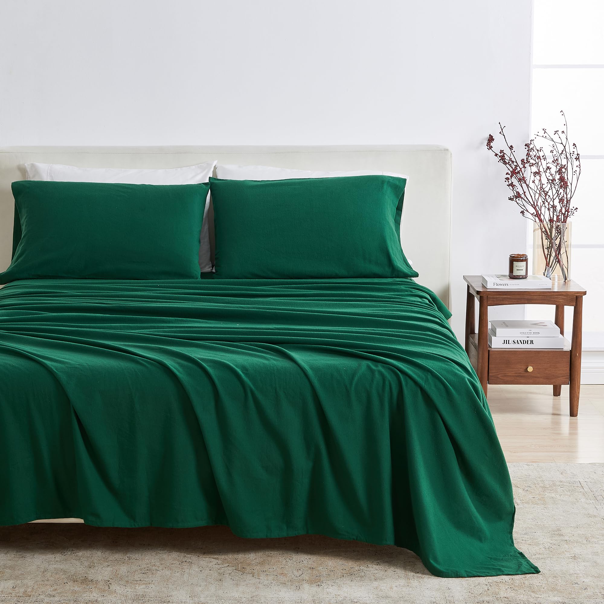 Photo 1 of Flannel Sheet Set Queen Size - 100% Turkish Cotton, Double-Brushed, Winter Bed Sheets - Ultra-Soft, Cozy, 4-Piece Rustic Bedding Set (Spruce Green)