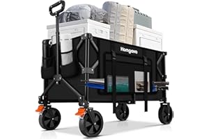 Homgava 140L Collapsible Folding Wagon Cart with 350LBS Resting Weight Capacity, Heavy Duty Garden Cart with All-Terrain&Brake Wheel, Utility Wagon with Side Pocket for Camping,Shopping,Sports,Black