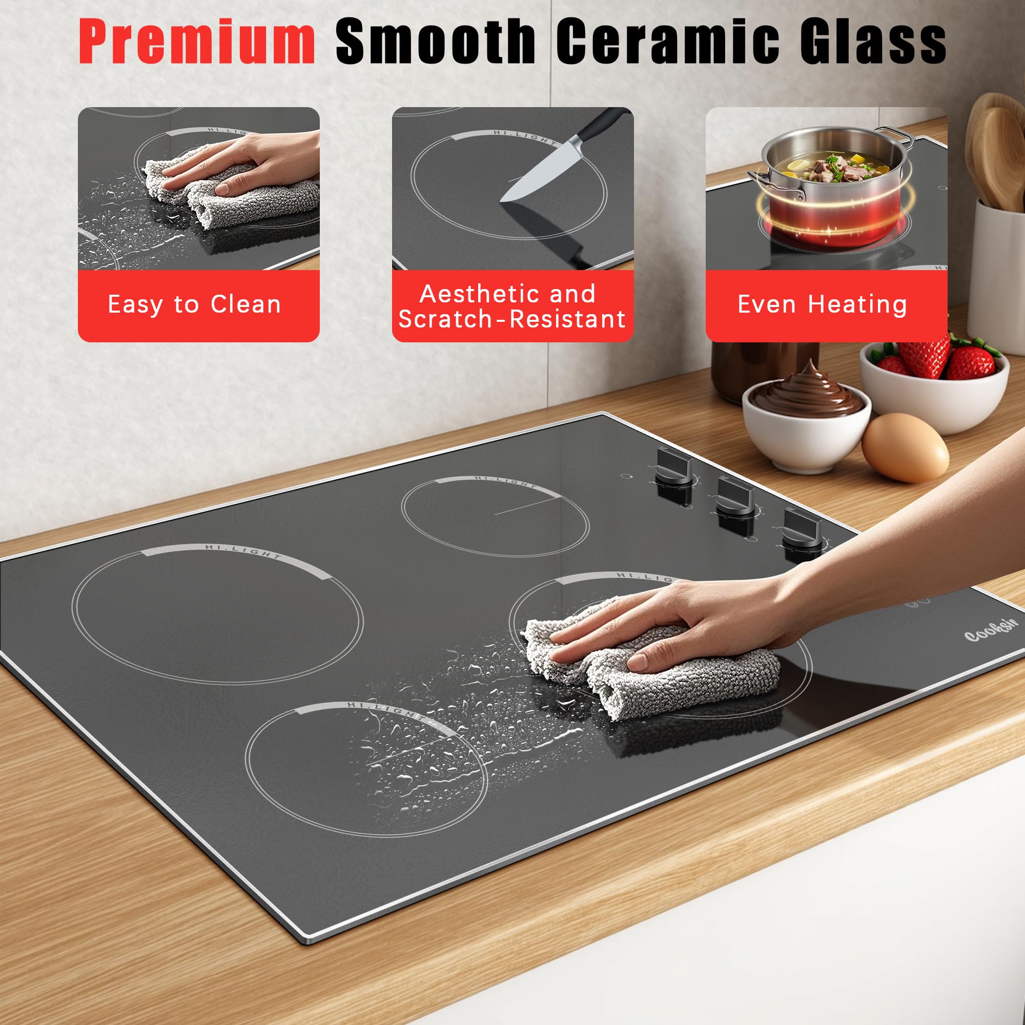 Electric Cooktop 30 Inch - 4 Burner Built-in Electrical Stovetop 7400W, 30 In Radiant Electric Stove with Glass Protection Metal Frame, Auto Shut Off Protection, 220-240V Hard Wired (No Plug)