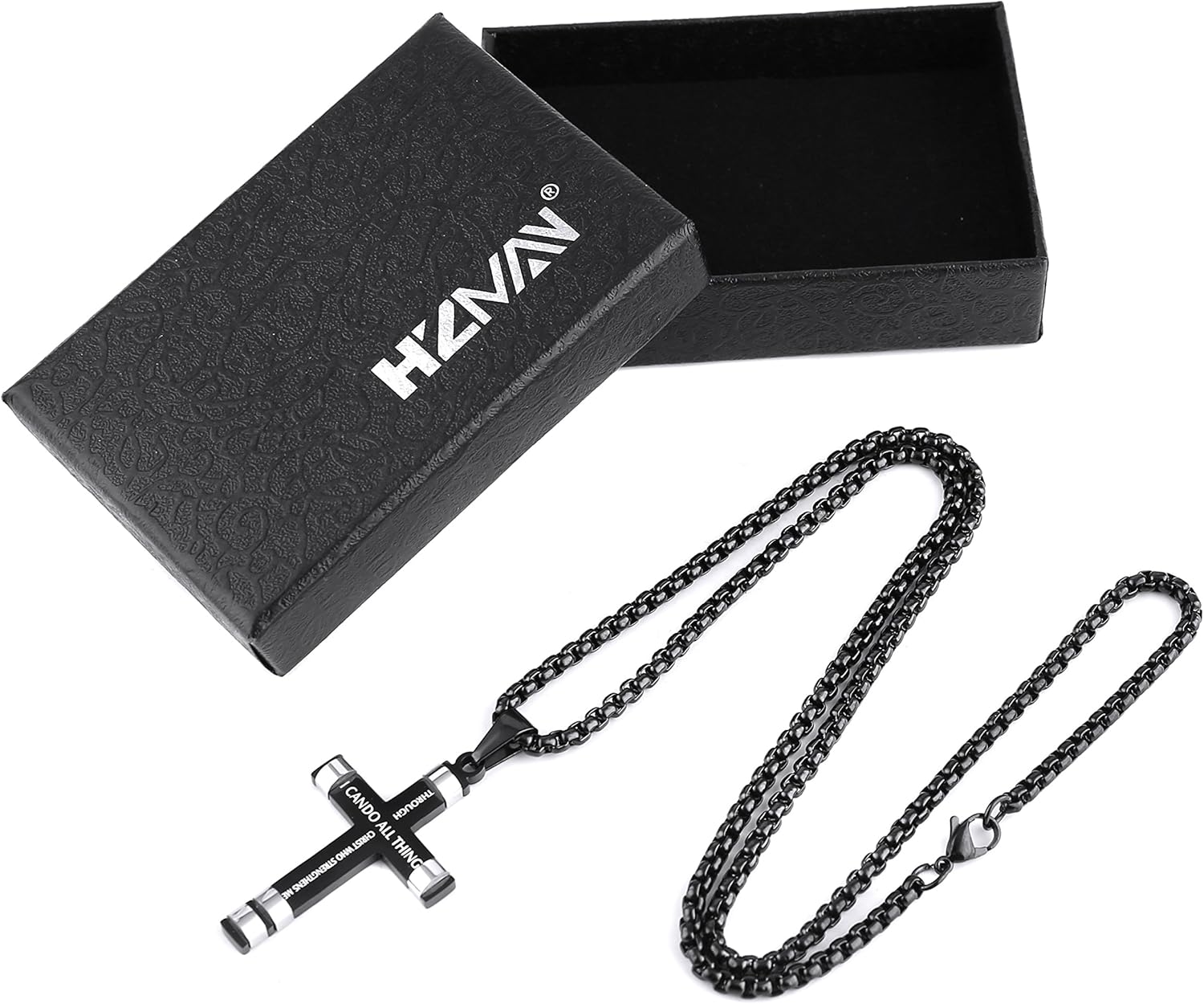 HZMAN Philippians 4:13 Cross Pendant STRENGTH Bible Verse Stainless Steel Necklace 3 Colors Available (Black) | 