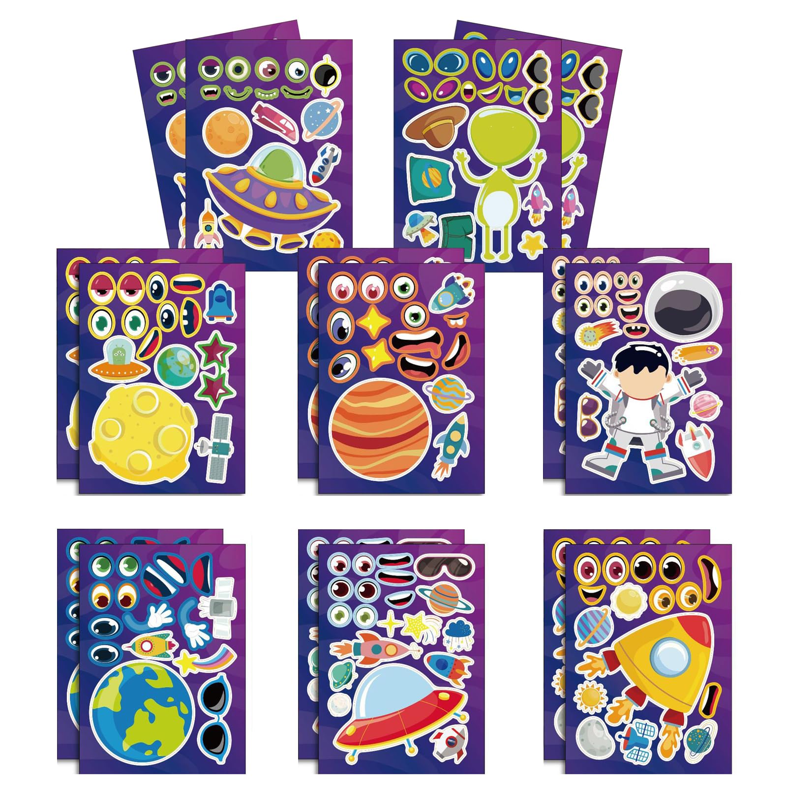 SEGXN 16 Sheets Planet DIY Make a Face Stickers, Multicolor Cartoon Stickers for Kids, Paper Material, Matte Finish, Waterproof, Reusable, Perfect for Scrapbook, Wall, DIY Crafts — image 1