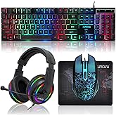 Gaming LED Keyboard Mouse Headset and Mousepad Bundle,Wired Rainbow | LED Light Up Gaming Keyboard Mouse Headset, Value 4 In 1 Game Set for Xbox PS4 PS5 PC Laptop Gamer