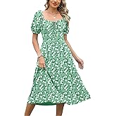 Caracilia Women Summer Casual Midi Dress Puff Short Sleeve Square Neck Floral Wedding Guest Party Graduation Dress