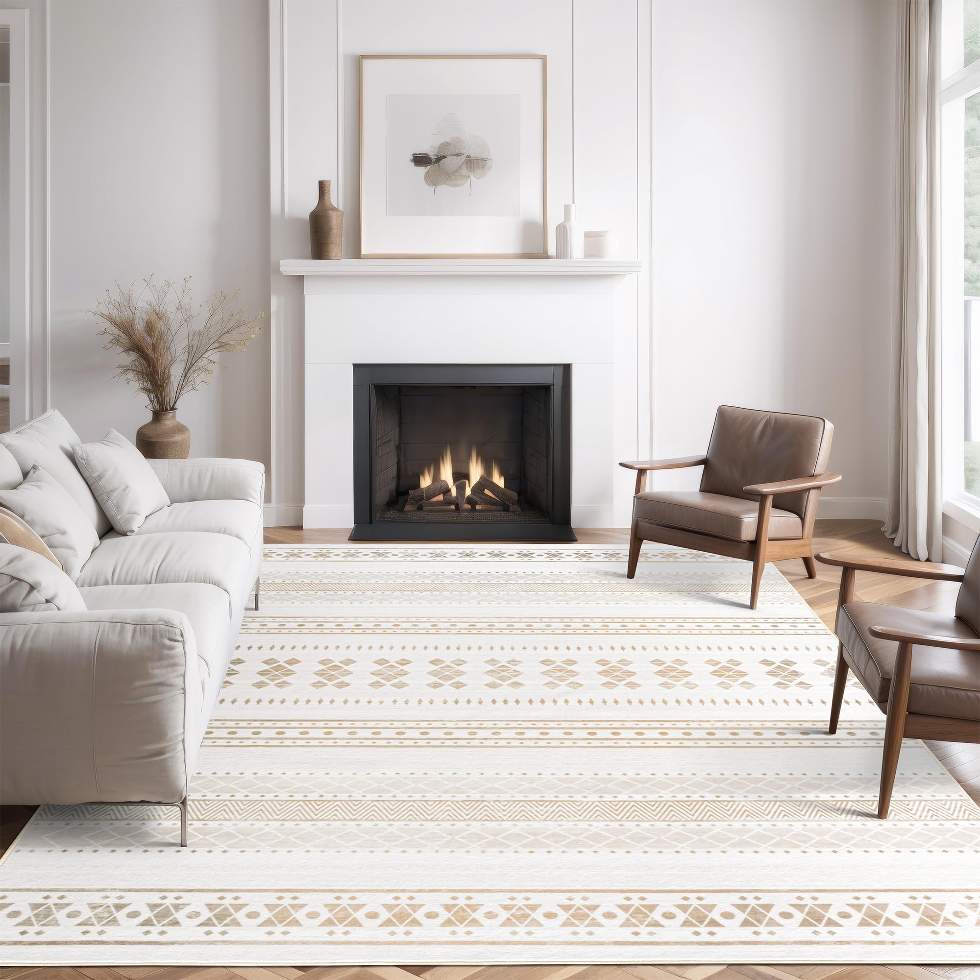 Photo 1 of VIPBED 3x5 Washable Area Rug, Boho Moroccan Farmhouse Neutral Low Pile Carpet, Soft Non-Slip Rugs for Living Room Bedroom Dining Room Nursery Dorm Home Decor, Beige & White