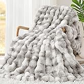 Touchat Luxury 1000GSM Faux Rabbit Fur Throw Blanket, Super Heavy Warm Cozy Grey Blankets for Couch Bed Sofa, Ruched Plush Fuzzy Elegant Soft Reversible Mink Blanket for Living Room Bedroom