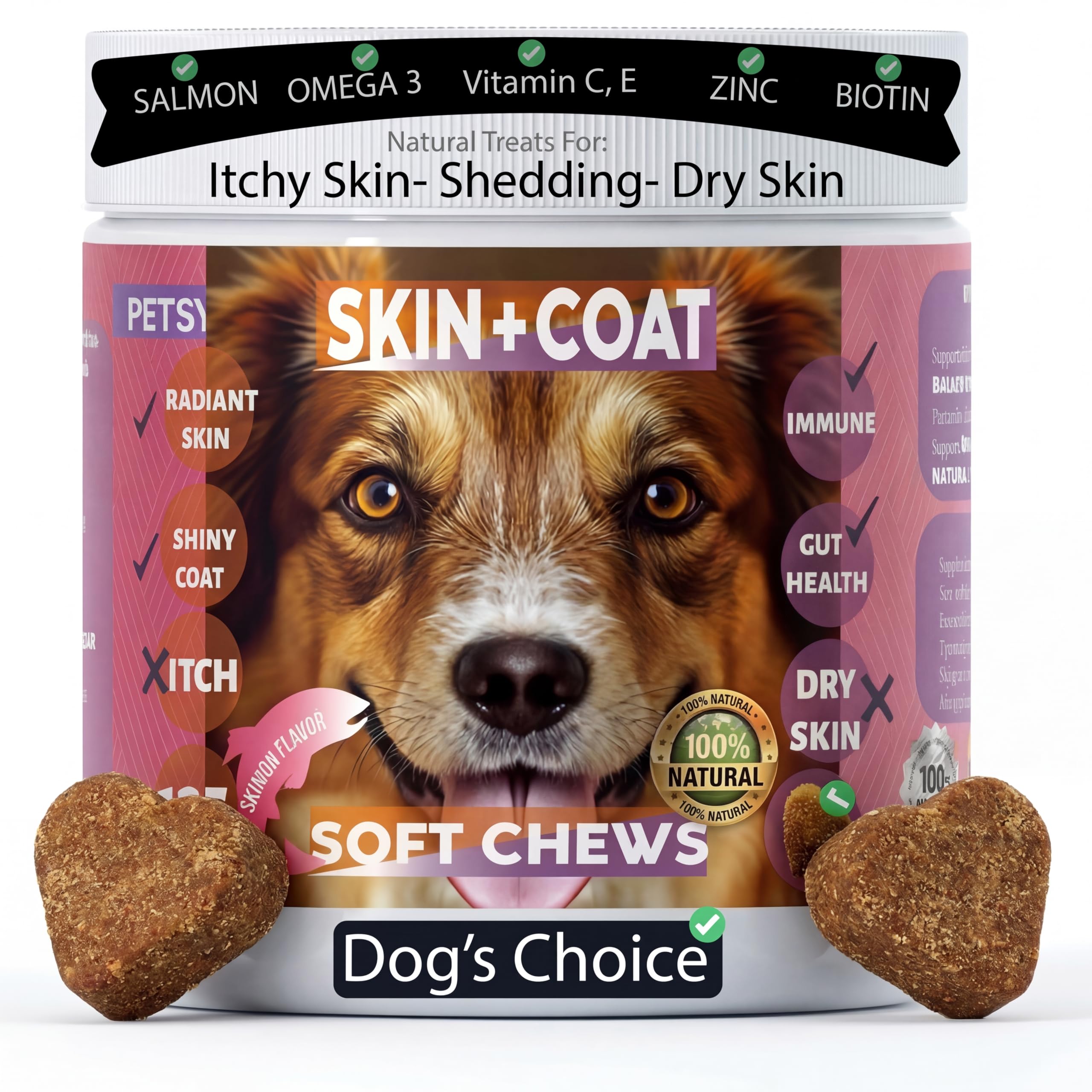 Petsy Skin & Coat supplement for dogs Vitamin C, E, Zinc, Biotin, OMEGA 3 Shiny coat Rejuvinate Healthy coat Natural Support itchy skin relief Daily
