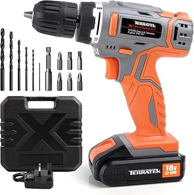 Terratek 18V Cordless Drill Driver 13pc Set With Case LED Light Charger