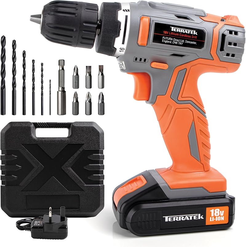 Terratek 18V Cordless Drill Driver 13pc Set With Case LED Light Charger