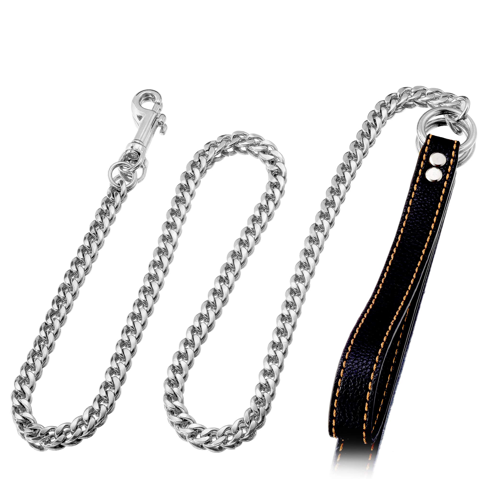 W/W Lifetime Silver Chain Dog Leash Metal Chew Proof Leash 4.5FT Heavy Duty Pet Leash Chain with Leather Padded Handle for Large Medium Dog(11MM, 4.5ft)