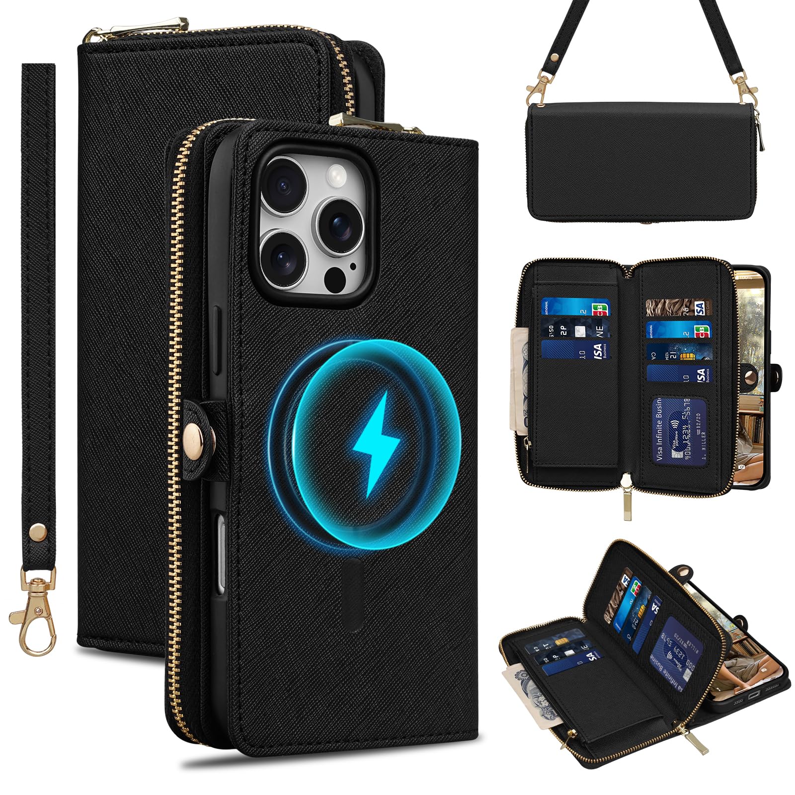 Rssviss Case for iPhone 16 Pro Max Wallet, RFID Blocking Flip for Crossbody Case, for iPhone 16 Pro Max Compatible with Magsafe PU Leather with Card Holder Wrist Strap 6.9 inch DarkBlack