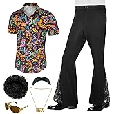 BONGZUO Mens 6Pcs 70s Disco Costume Outfits Short Sleeve Retro Shirt With Bell Bottom Pants