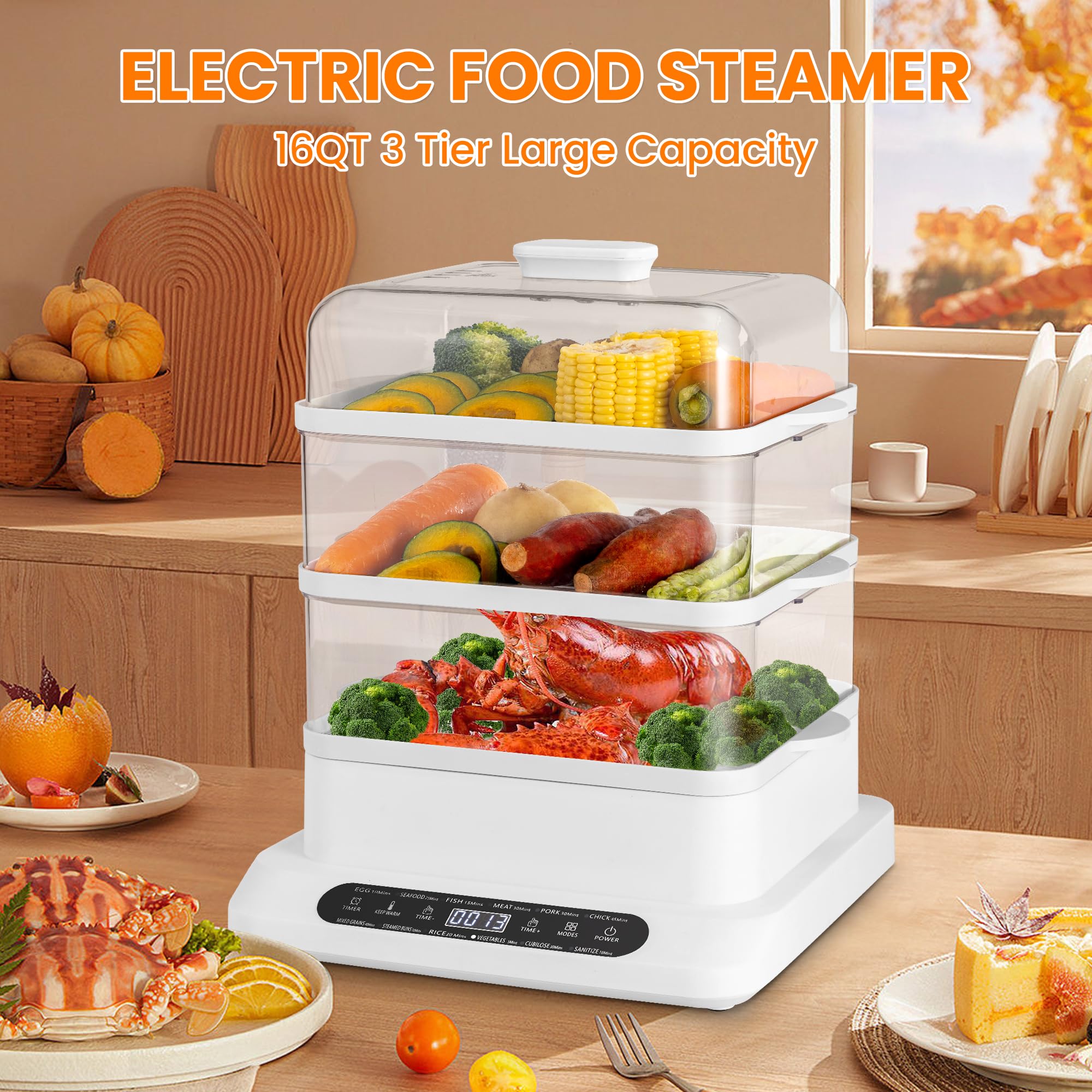 Pukomc Food Steamer 3 Tier 16QT Electric Vegetable Steamer With Appointment and Timer Multifunctional Digital Steamer For Fast Simultaneous Cooking (800W)
