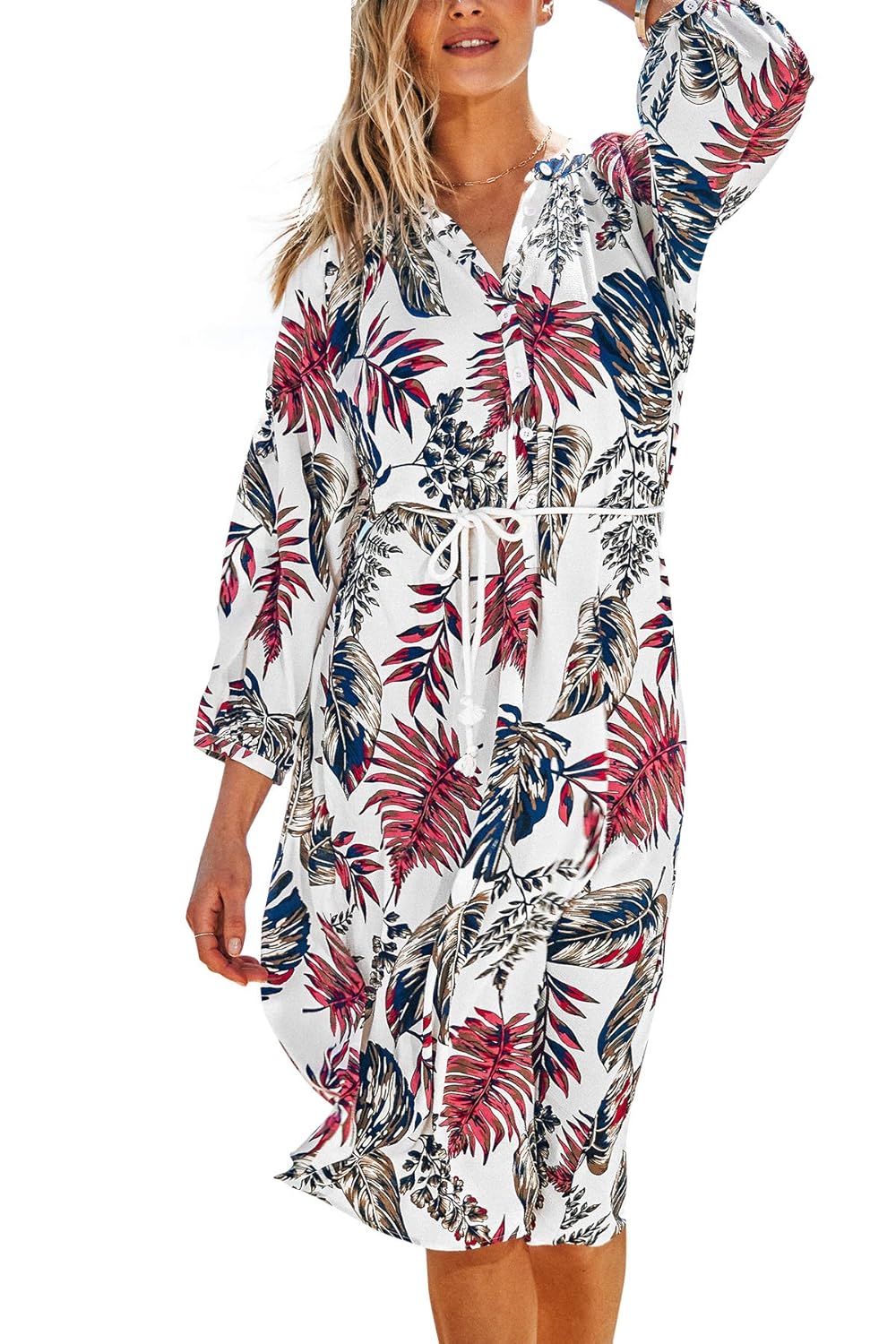 Buy CUPSHE Women's Leaf Print Button Tie Long Sleeves Dress, S at Amazon.in