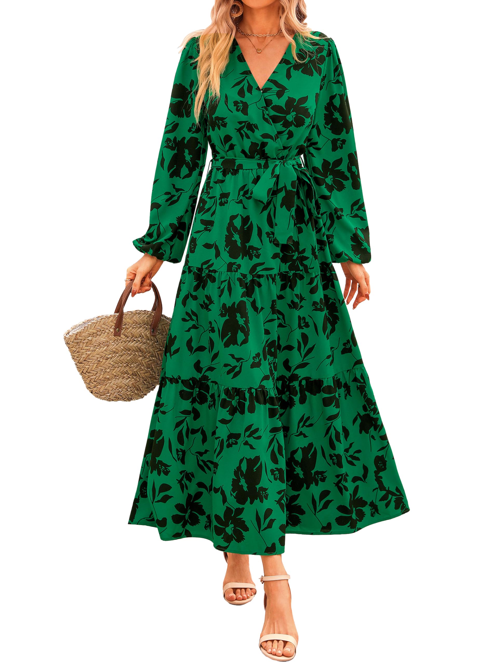 Photo 1 of PRETTYGARDEN Womens Spring Long Sleeve Wrap V Neck Ruffle Floral Maxi Dress Casual Tie Waist Boho Chiffon Flowy Long Dresses(Green Big Floral,Large)