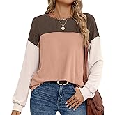 Fashion Color Block Long Sleeve Shirts Women Basic Crewneck Knitted Sweaters Fall Casual Loose Pullover Tops