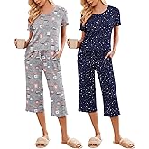 Ekouaer 2 Pack: Women's Pajamas Set Short Sleeve Sleepwear Capri Pants Pjs Soft Loungewear with Pockets