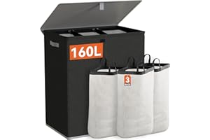 WOWLIVE Laundry Hamper with Lid,160L Large Laundry Basket 3 Section with Removable Washing Bags,Collapsible Waterproof Dirty Clothes Hamper for Laundry Room Bathroom Dorm,Black