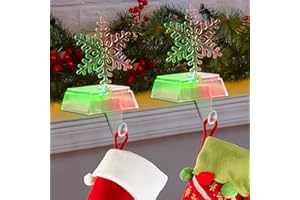 MERGUEZ Christmas Stocking Holders for Mantle, Stocking Hangers for Mantel with Colorful LED Light, Unique Design Snowflake Stocking Hooks for Mantle, 2 Pack Mantel Stocking Holders for Xmas Party Decoration