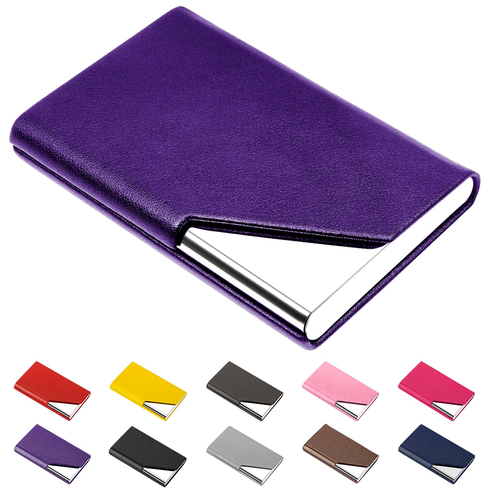 padike Business Name Card Holder Luxury PU Leather & Stainless Steel Multi Card Case,Business Name Card HolderFor Men & Women (Purple)