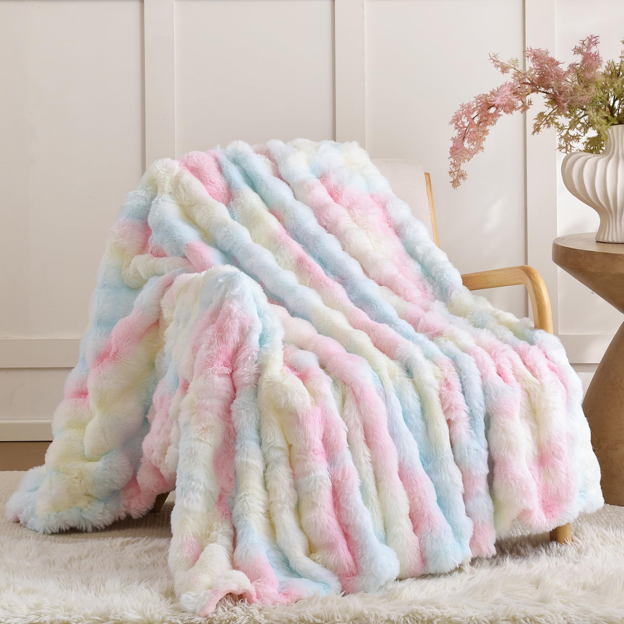 Smoofy Faux Fur Throw Blanket for Couch – Rainbow Fluffy Cozy Rabbit Fleece, Plush Soft Bubble Blanket for Sofa & Bed, for Mom, Warm Fuzzy Home Room Decor Throw 50" x 60" Image