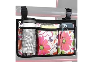 HSGEZUOQI Wheelchair Side Bag, Upgrade Flower Color Armrest Storage Pouch with Cup Holder and Reflective Strip Use of Waterproof Fabric, for Most Wheelchairs, Walkers or Rollators (Pink Floral)