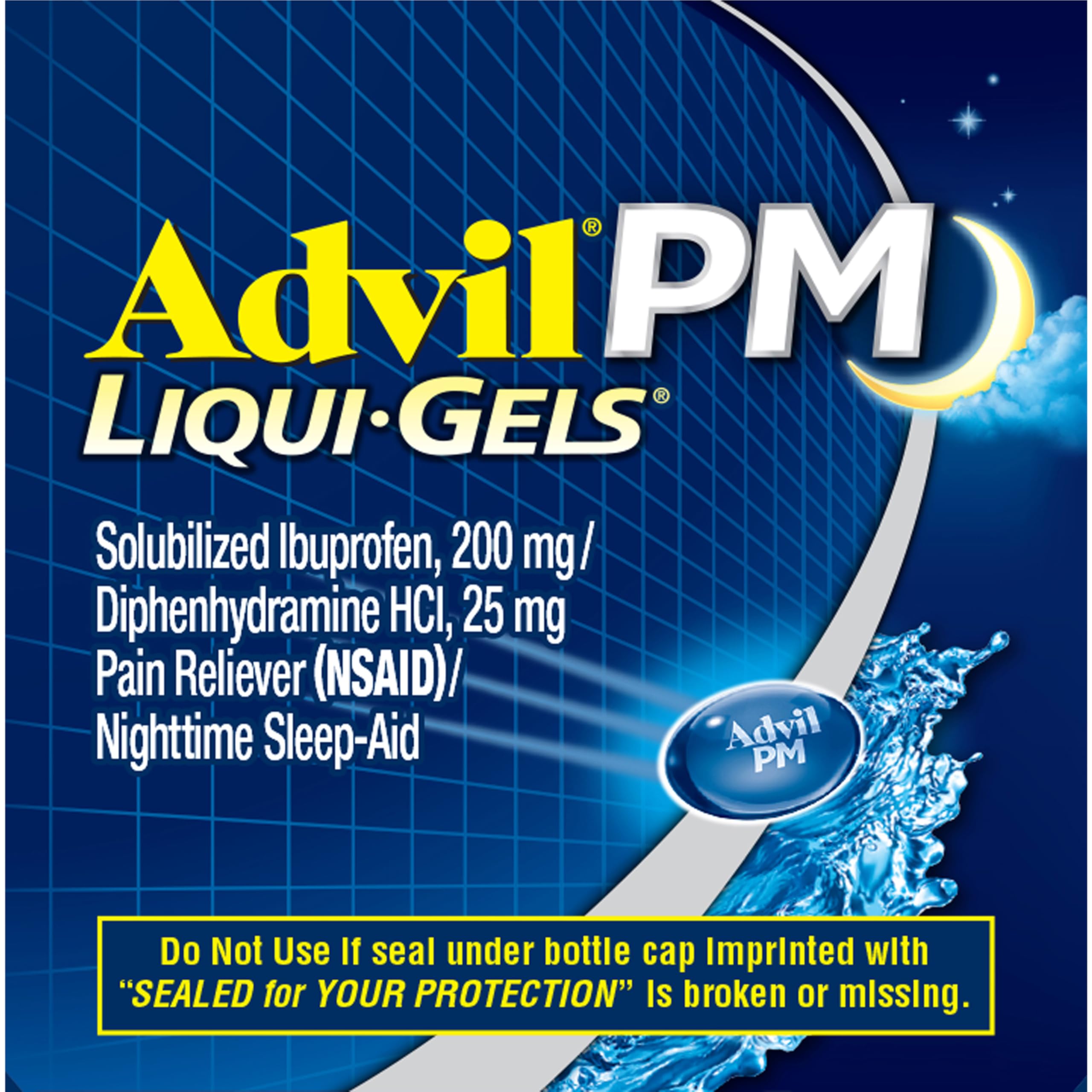 Advil PM Liqui-Gels Pain Reliever and Nighttime Sleep Aid, Pain Medicine with Ibuprofen for Pain Relief and Diphenhydramine HCL for a Sleep Aid - 80 Liquid Filled Capsules - Back to College