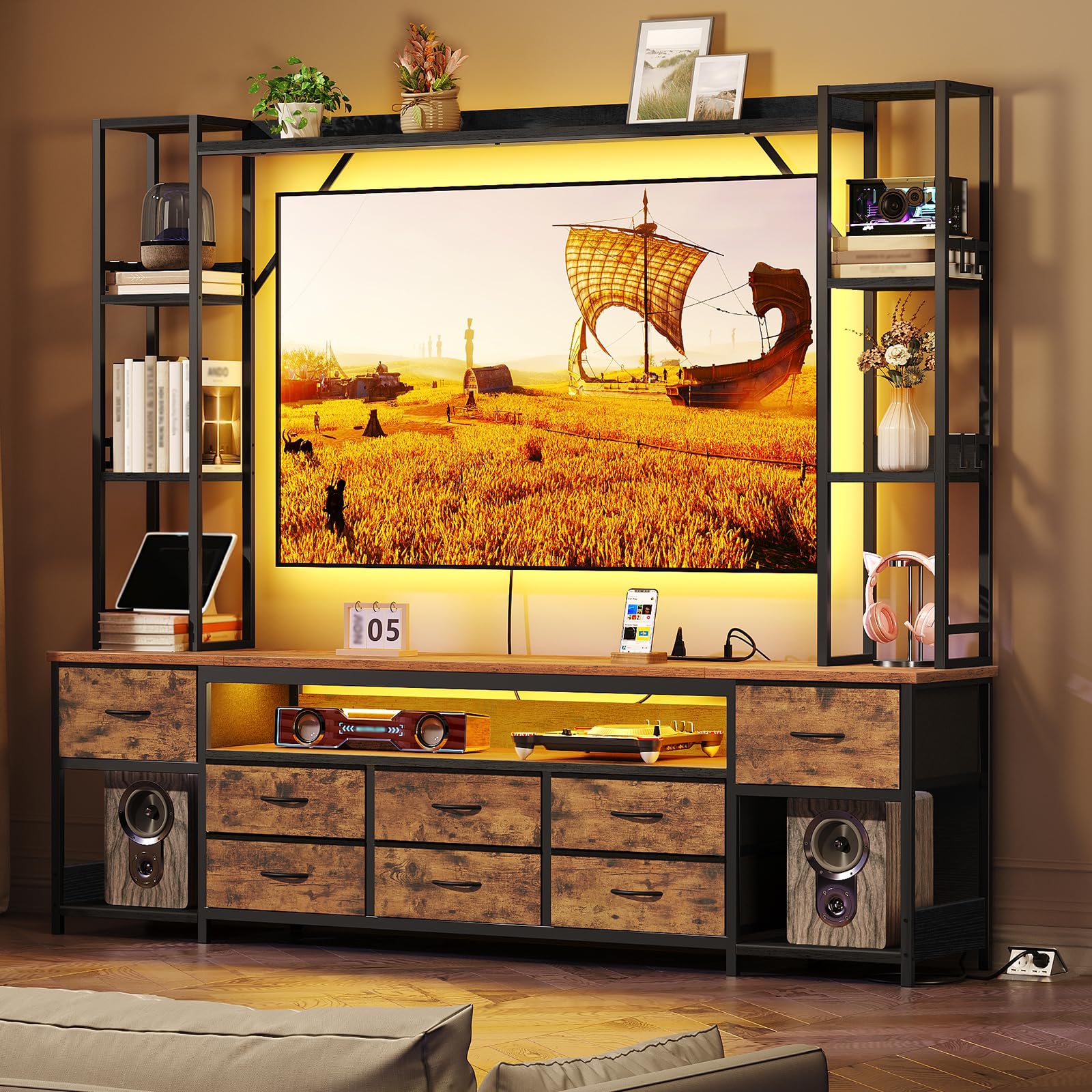 RALGEND Large Entertainment Center for TVs up to 65", Wall Unit TV Stand with Bookshelves for Living Room, Bedroom TV Cabinet with Storage Shelf, LED Console with Power Outlets, Rustic Brown and Black