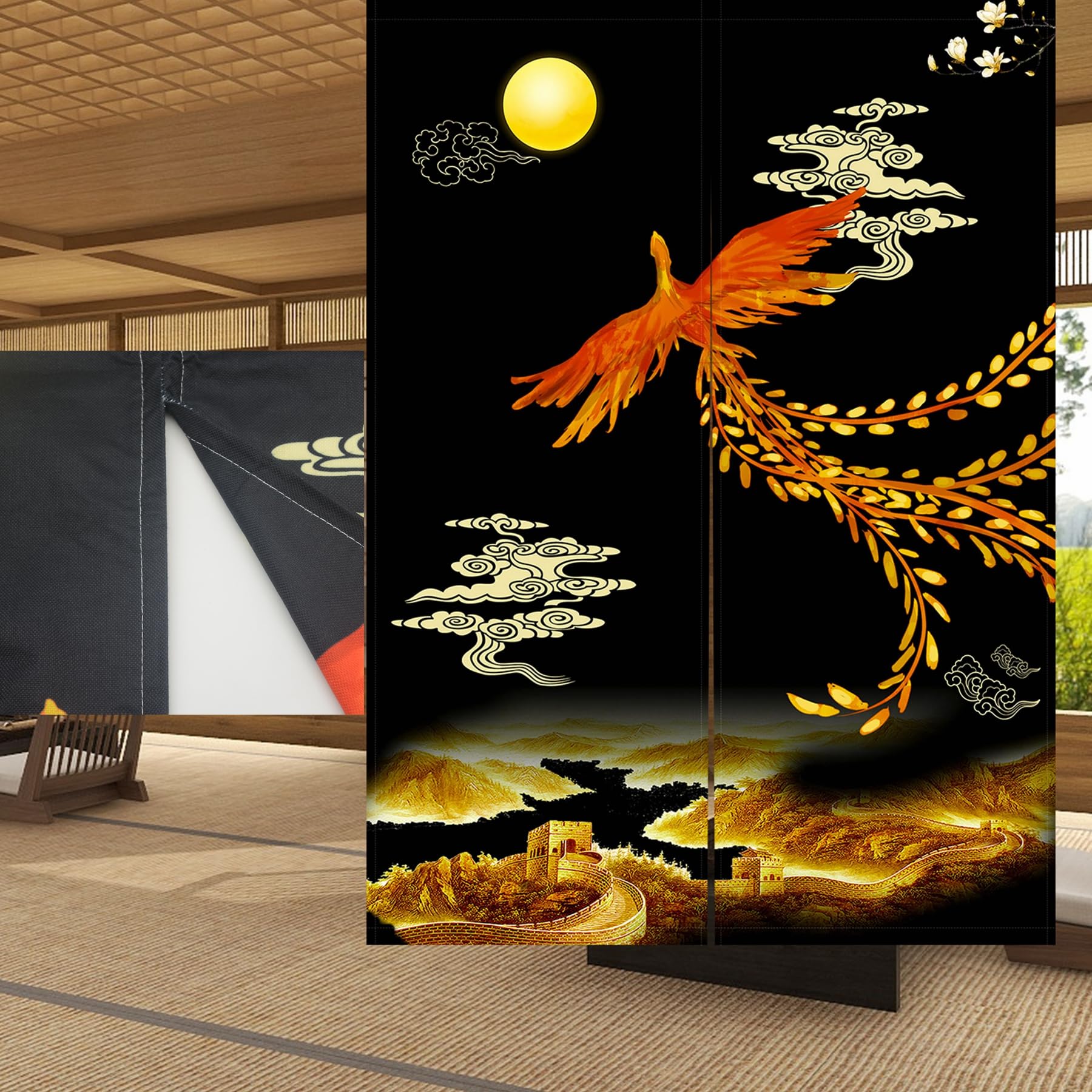 LIGICKY Chinese Style Japanese Noren Doorway Curtain Traditional Golden Phoenix Great Wall Full Moon Printed Window Treatment Hanging Door Tapestry for Home Decoration 33.5 x 47.5 inch, Double Sided
