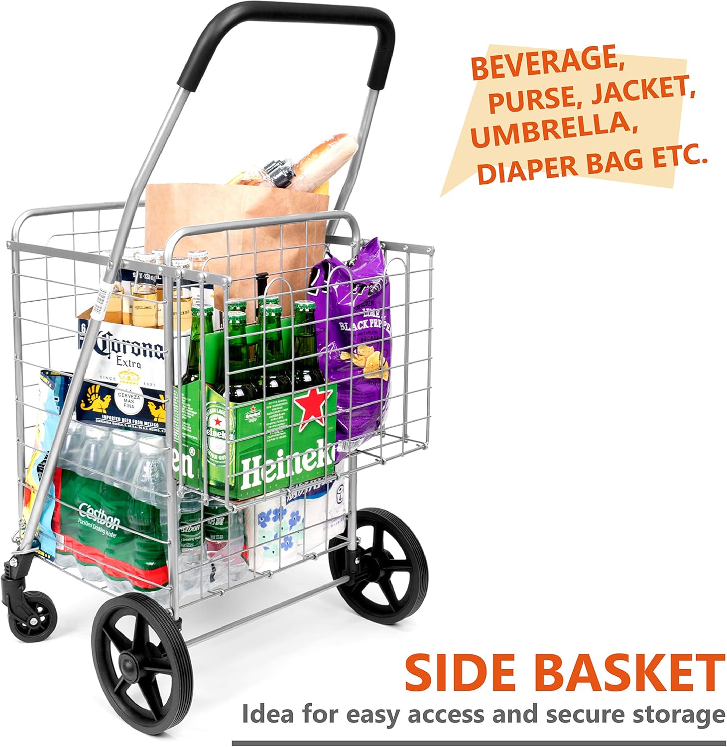 SUPENICE Grocery Utility Shopping Cart - Deluxe Folding Cart with Double Basket and 360° Rolling Swivel Wheels 66 lbs Utility Cart with Wide Cushion Handle Bar for Grocery Laundry Book Luggage Travel : Office Products