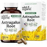 Wild & Organic Astragalus Capsules 1200 mg - Immune Support - Astragalus Root Powder Supplement - 90 Days of Supply - Vegan, No Fillers, Non-GMO - 180 Count